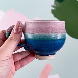 Ceramic Mug handmade purple green blue glazed & signed